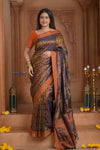 Shubh Lakshmi ~ Handloom Pure Silk Pahmina Saree in Dark Blue with Orange (Silk Mark Certified)