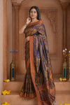 Shubh Lakshmi ~ Handloom Pure Silk Pahmina Saree in Dark Blue with Orange (Silk Mark Certified)