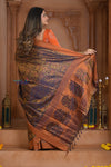 Shubh Lakshmi ~ Handloom Pure Silk Pahmina Saree in Dark Blue with Orange (Silk Mark Certified)