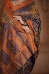 Shubh Lakshmi ~ Handloom Pure Silk Pahmina Saree in Dark Blue with Orange (Silk Mark Certified)