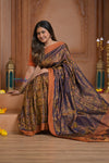 Shubh Lakshmi ~ Handloom Pure Silk Pahmina Saree in Dark Blue with Orange (Silk Mark Certified)