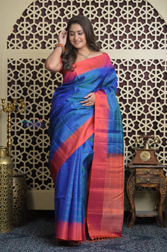 Shubh Lakshmi 2.0 ~ Handloom High Quality Pure Soft Silk Saree in Azure Blue and Red  (Silk Mark Certified)