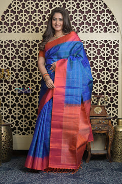 Shubh Lakshmi 2.0 ~ Handloom High Quality Pure Soft Silk Saree in Azure Blue and Red  (Silk Mark Certified)