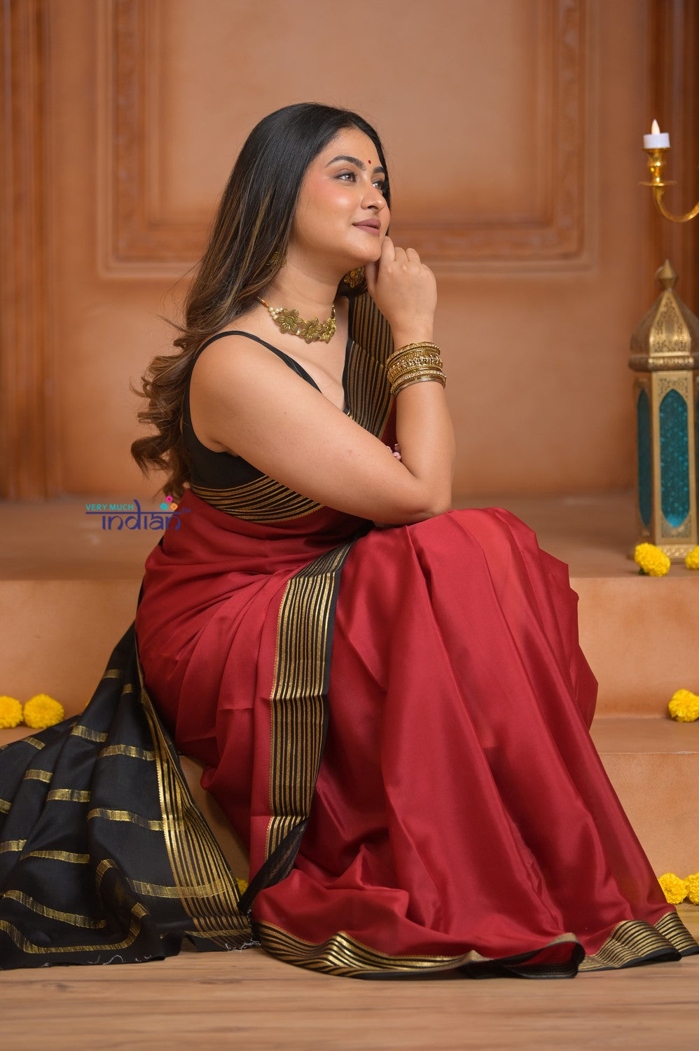 Shubh Lakshmi ~ Handloom Pure Mysore Silk Crepe Saree in Red and Black (Silk Mark Certified)