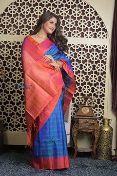 Shubh Lakshmi 2.0 ~ Handloom High Quality Pure Soft Silk Saree in Azure Blue and Red  (Silk Mark Certified)