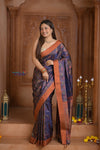 Shubh Lakshmi ~ Handloom Pure Silk Pahmina Saree in Dark Purple with Orange (Silk Mark Certified)