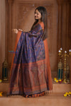 Shubh Lakshmi ~ Handloom Pure Silk Pahmina Saree in Dark Purple with Orange (Silk Mark Certified)