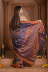 Shubh Lakshmi ~ Handloom Pure Silk Pahmina Saree in Dark Purple with Orange (Silk Mark Certified)