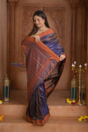 Shubh Lakshmi ~ Handloom Pure Silk Pahmina Saree in Dark Purple with Orange (Silk Mark Certified)