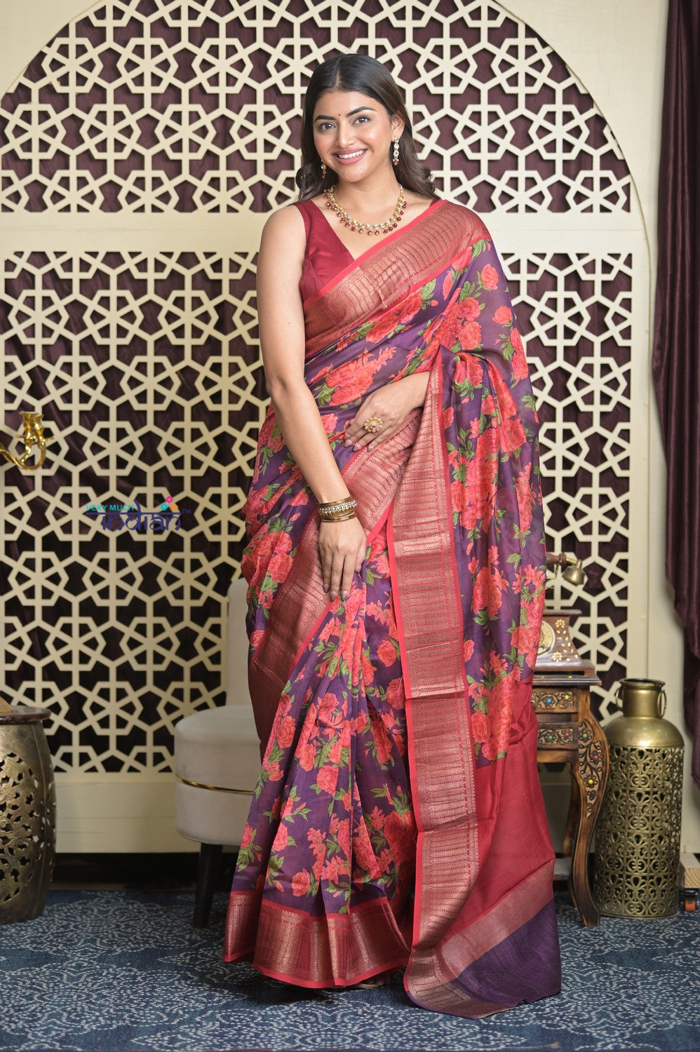 Shubh Lakshmi 2.0 ~ Designer Cotton Silk Saree with Floral Print in Purple and Red