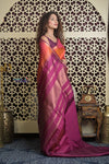 Shubh Lakshmi 2.0 ~ Handloom High Quality Pure Soft Silk Saree in Orange and Blue  (Silk Mark Certified)