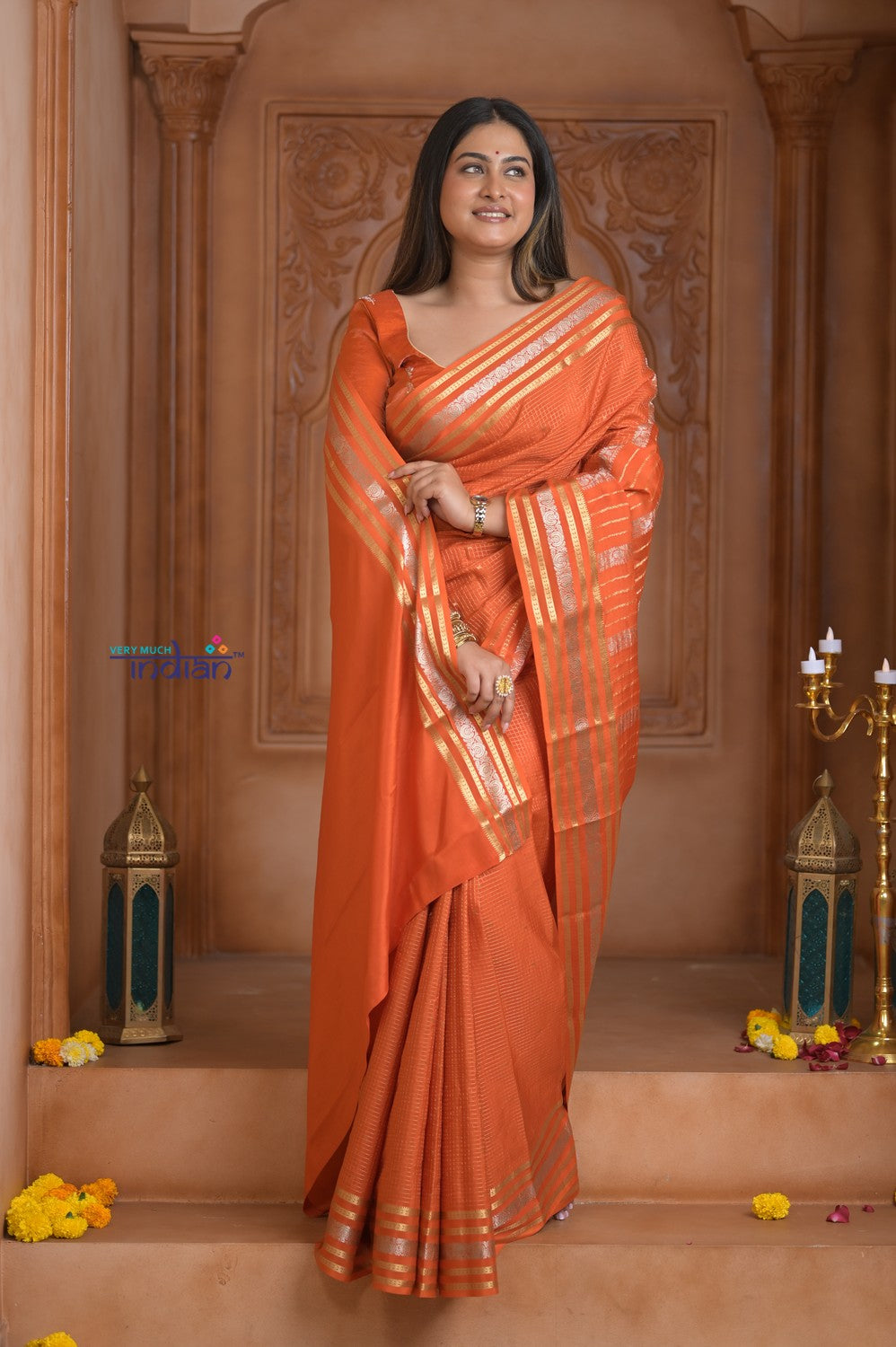 Shubh Lakshmi ~ Handloom Pure Mysore Silk Crepe Saree in Salient Orange (Silk Mark Certified)