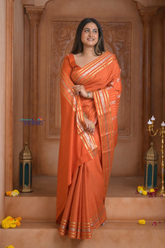 Shubh Lakshmi ~ Handloom Pure Mysore Silk Crepe Saree in Salient Orange (Silk Mark Certified)