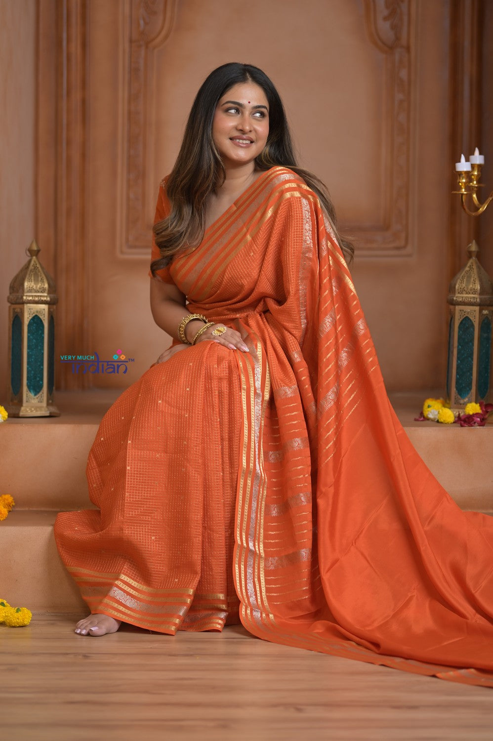 Shubh Lakshmi ~ Handloom Pure Mysore Silk Crepe Saree in Salient Orange (Silk Mark Certified)