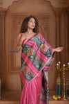Shubh Lakshmi ~ Handloom Matka Tussar Silk Saree with Floral Handpaint in Pink
