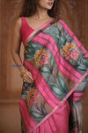 Shubh Lakshmi ~ Handloom Matka Tussar Silk Saree with Floral Handpaint in Pink