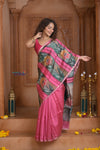 Shubh Lakshmi ~ Handloom Matka Tussar Silk Saree with Floral Handpaint in Pink
