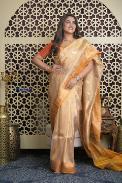 Shubh Lakshmi 2.0 ~ Handloom High Quality Pure Silk Tissue Saree in Gold and Yellow (Silk Mark Certified)