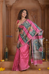 Shubh Lakshmi ~ Handloom Matka Tussar Silk Saree with Floral Handpaint in Pink