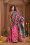 Shubh Lakshmi ~ Handloom Matka Tussar Silk Saree with Floral Handpaint in Pink
