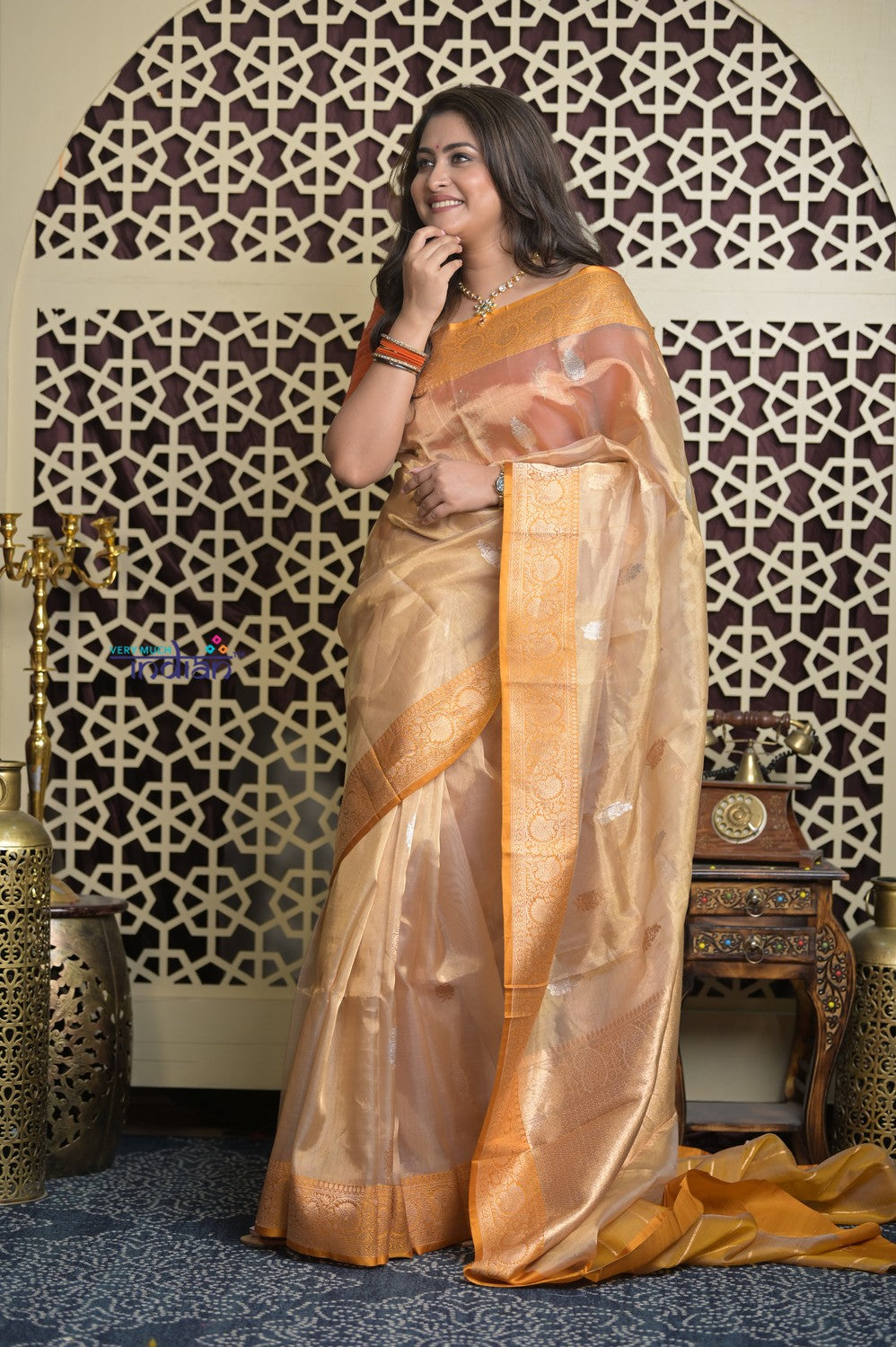 Shubh Lakshmi 2.0 ~ Handloom High Quality Pure Silk Tissue Saree in Gold and Yellow (Silk Mark Certified)