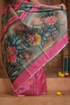 Shubh Lakshmi ~ Handloom Matka Tussar Silk Saree with Floral Handpaint in Pink