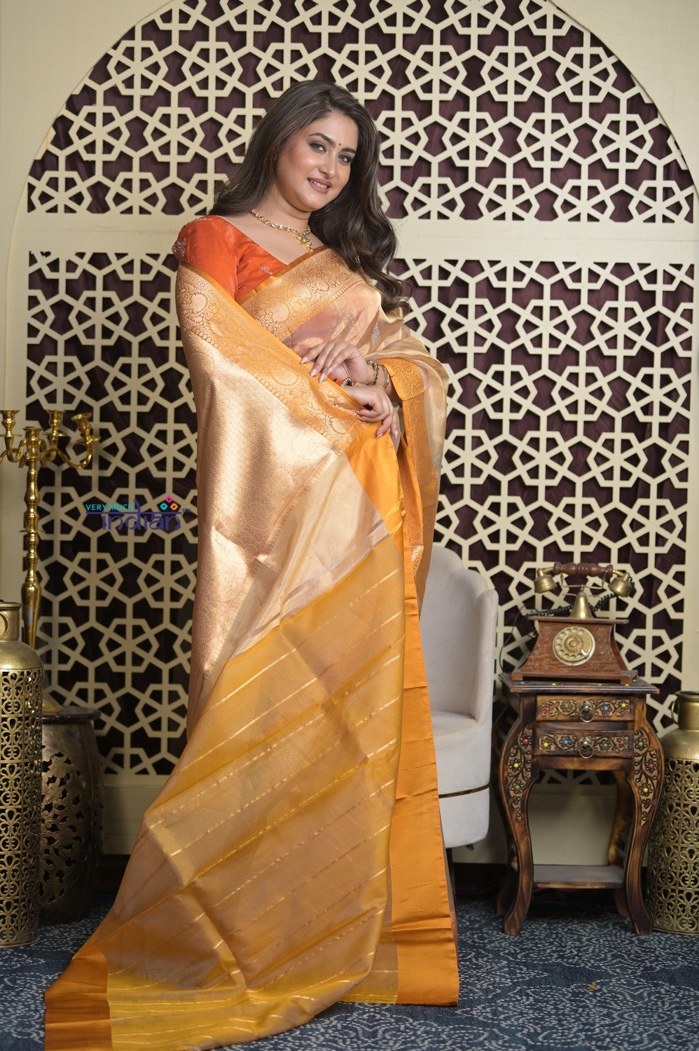 Shubh Lakshmi 2.0 ~ Handloom High Quality Pure Silk Tissue Saree in Gold and Yellow (Silk Mark Certified)