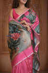 Shubh Lakshmi ~ Handloom Matka Tussar Silk Saree with Floral Handpaint in Pink