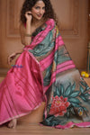 Shubh Lakshmi ~ Handloom Matka Tussar Silk Saree with Floral Handpaint in Pink