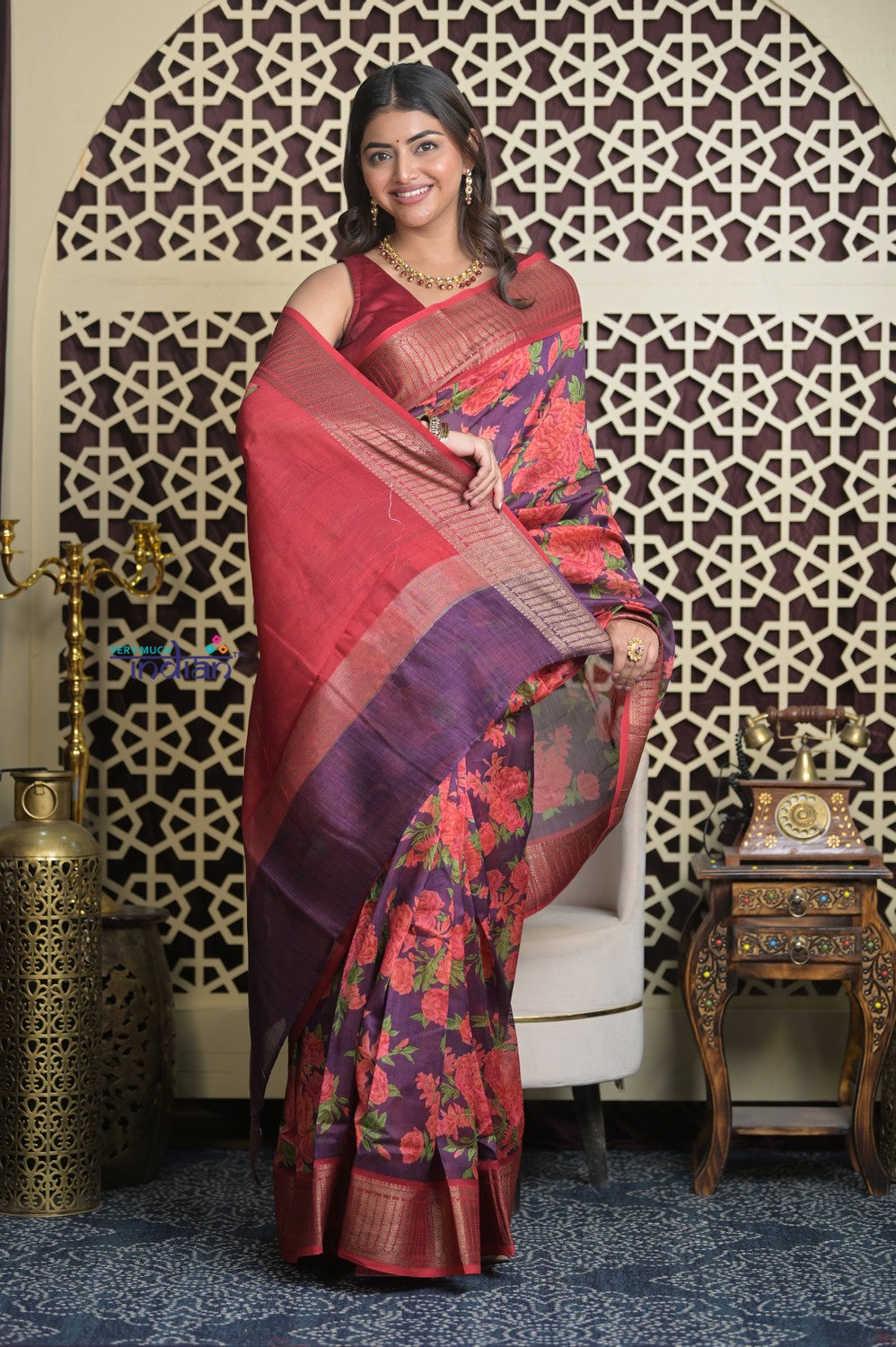 Shubh Lakshmi 2.0 ~ Designer Cotton Silk Saree with Floral Print in Purple and Red