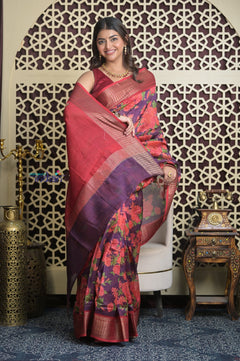 Shubh Lakshmi 2.0 ~ Designer Cotton Silk Saree with Floral Print in Purple and Red