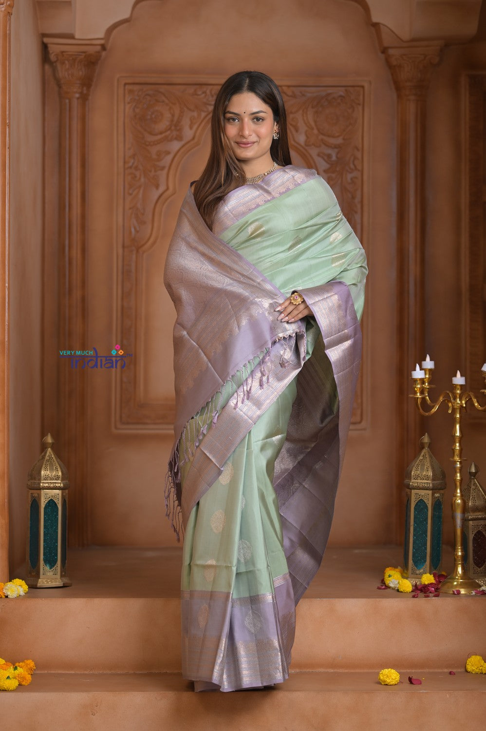 Shubh Lakshmi ~ Handloom High Quality Pure Soft Silk Saree in Sea Green and Lilac (Silk Mark Certified)