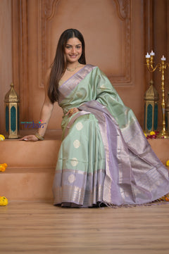 Shubh Lakshmi ~ Handloom High Quality Pure Soft Silk Saree in Sea Green and Lilac (Silk Mark Certified)
