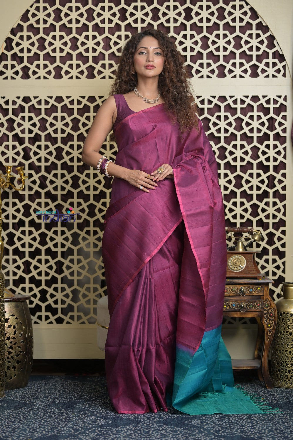 Shubh Lakshmi 2.0 ~ Handloom High Quality Pure Soft Silk Saree in Maroon Pink and Ocean Blue  (Silk Mark Certified)