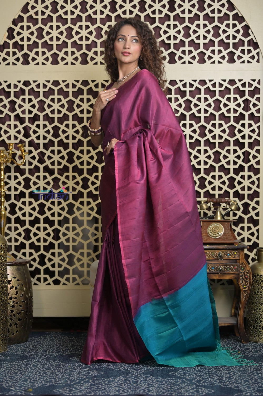 Shubh Lakshmi 2.0 ~ Handloom High Quality Pure Soft Silk Saree in Maroon Pink and Ocean Blue  (Silk Mark Certified)