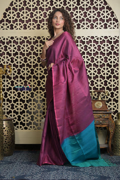 Shubh Lakshmi 2.0 ~ Handloom High Quality Pure Soft Silk Saree in Maroon Pink and Ocean Blue  (Silk Mark Certified)