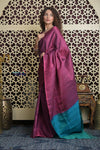 Shubh Lakshmi 2.0 ~ Handloom High Quality Pure Soft Silk Saree in Maroon Pink and Ocean Blue  (Silk Mark Certified)