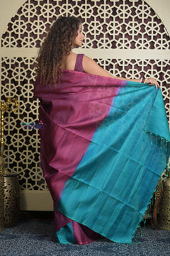 Shubh Lakshmi 2.0 ~ Handloom High Quality Pure Soft Silk Saree in Maroon Pink and Ocean Blue  (Silk Mark Certified)