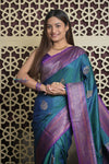 Shubh Lakshmi 2.0 ~ Handloom High Quality Pure Dupion Silk Saree in Teal Blue and Purple  (Silk Mark Certified)
