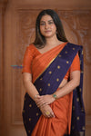 Shubh Lakshmi ~ Handloom Pure Mysore Silk Crepe Saree in Salient Orange and Blue (Silk Mark Certified)
