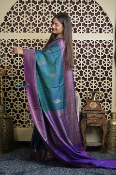 Shubh Lakshmi 2.0 ~ Handloom High Quality Pure Dupion Silk Saree in Teal Blue and Purple  (Silk Mark Certified)