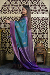 Shubh Lakshmi 2.0 ~ Handloom High Quality Pure Dupion Silk Saree in Teal Blue and Purple  (Silk Mark Certified)