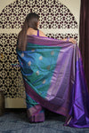 Shubh Lakshmi 2.0 ~ Handloom High Quality Pure Dupion Silk Saree in Teal Blue and Purple  (Silk Mark Certified)