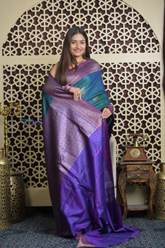 Shubh Lakshmi 2.0 ~ Handloom High Quality Pure Dupion Silk Saree in Teal Blue and Purple  (Silk Mark Certified)