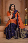 Shubh Lakshmi ~ Handloom Pure Mysore Silk Crepe Saree in Salient Orange and Blue (Silk Mark Certified)