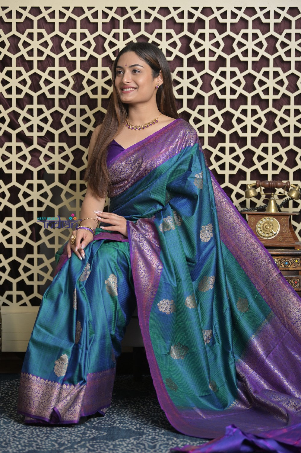 Shubh Lakshmi 2.0 ~ Handloom High Quality Pure Dupion Silk Saree in Teal Blue and Purple  (Silk Mark Certified)