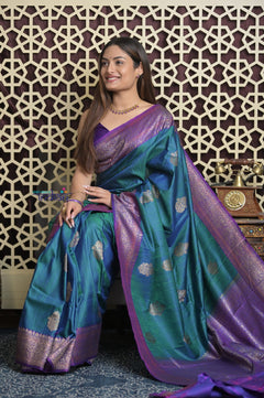 Shubh Lakshmi 2.0 ~ Handloom High Quality Pure Dupion Silk Saree in Teal Blue and Purple  (Silk Mark Certified)