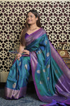 Shubh Lakshmi 2.0 ~ Handloom High Quality Pure Dupion Silk Saree in Teal Blue and Purple  (Silk Mark Certified)