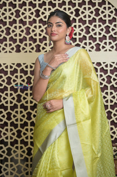 Shubh Lakshmi 2.0 ~ Designer Handloom Kota Silk Saree with Diamond Pattern in Lime Yellow