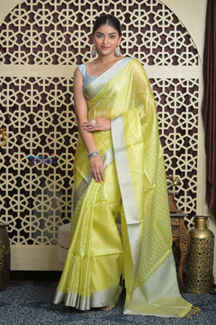 Shubh Lakshmi 2.0 ~ Designer Handloom Kota Silk Saree with Diamond Pattern in Lime Yellow